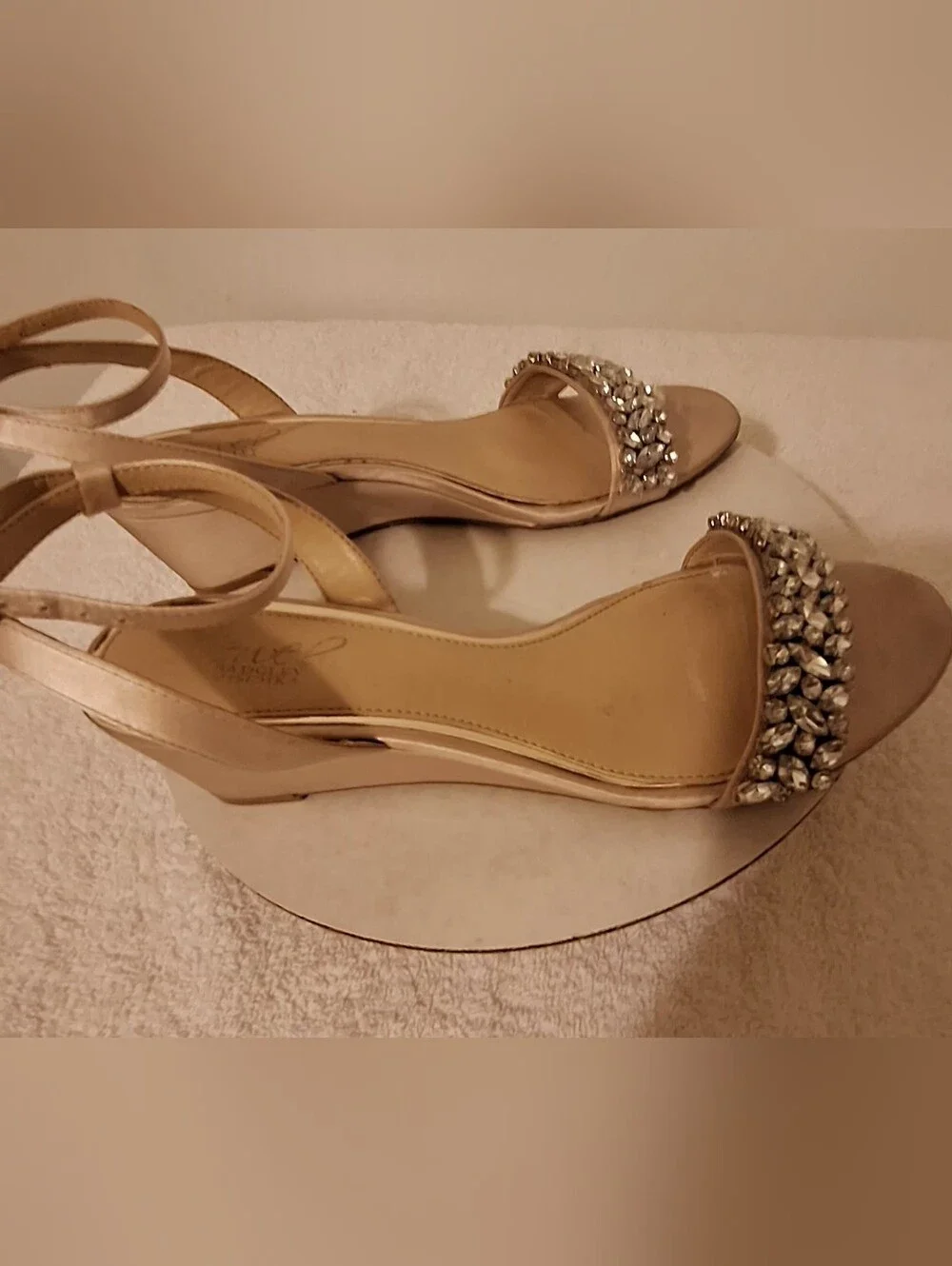 Jewel Badgley Mischka Champagne Satin. Crystal-Strap Open-Toe Sandals